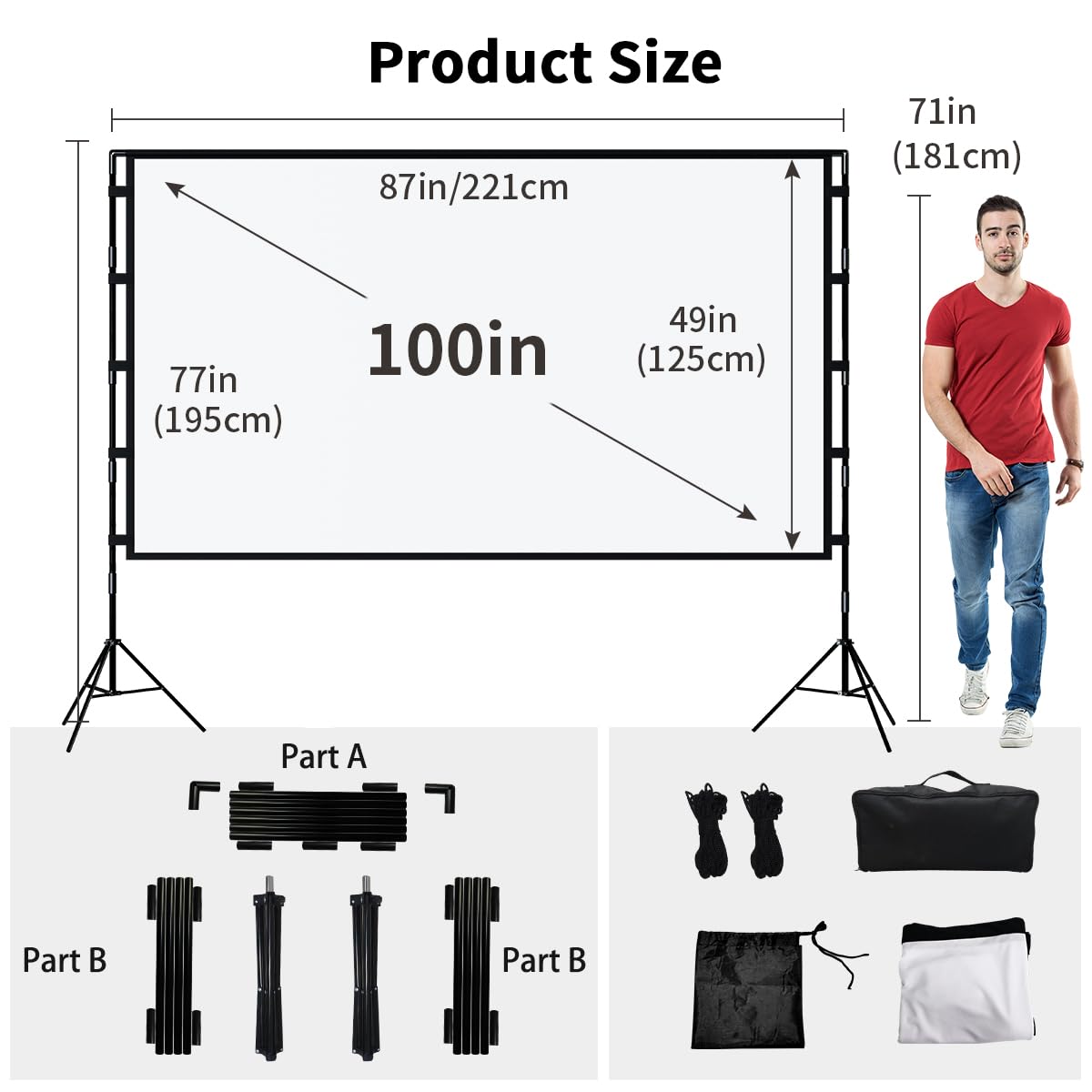 TOWOND Beamer Leinwand mit Stativ, Mobile Leinwand für Beamer 100 Zoll, Filmleinwand Indoor Projektor Tragbare Outdoor Kino, 16:9 HD Rear Front Projektion mit Tragetasche für Home Garten Party Nächte