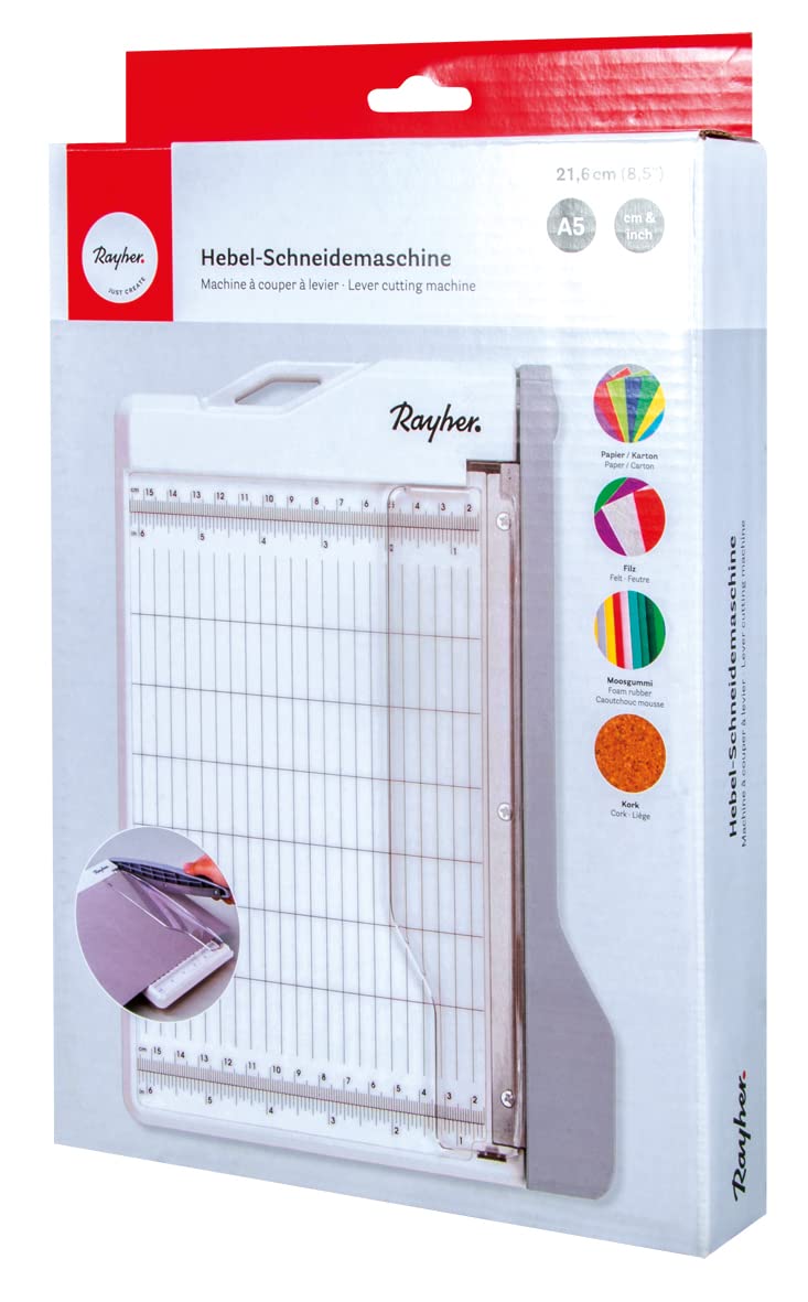 Rayher 29209000 Hebel-Schneidemaschine A5, 28 x 19,5 cm, Schnittlänge ca.21,6 cm, Papierschneidemaschine, Weiß