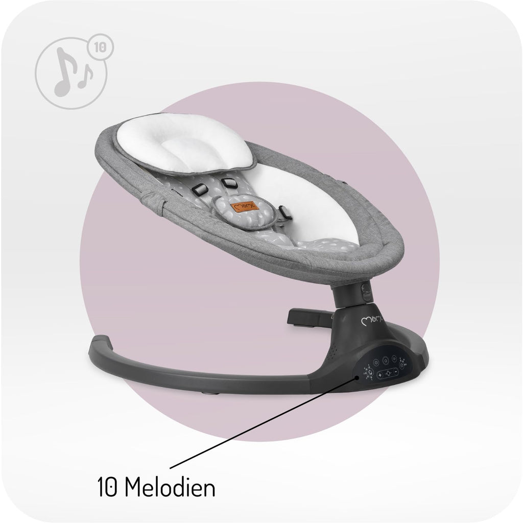 MoMi KENANI Babywippe für Kinder bis 9 kg, klappbar, mit Fernbedienung & Bluetooth zum Verbinden mit Smartphone, Batterie- oder Stromanschluss, mit 5-Punkt-Sicherheitsgurt, Sonnenschutz, Insektennetz