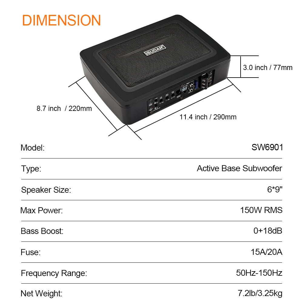 ISUDAR 9 Zoll schlanker Max 600W Subwoofer Aktiv Powered Untersitz-Auto Audio Subwoofer eingebautem Verstärker für Auto/LKW mit Fernbedienung niedrigen und hohen Eingangspegeln, Schwarz