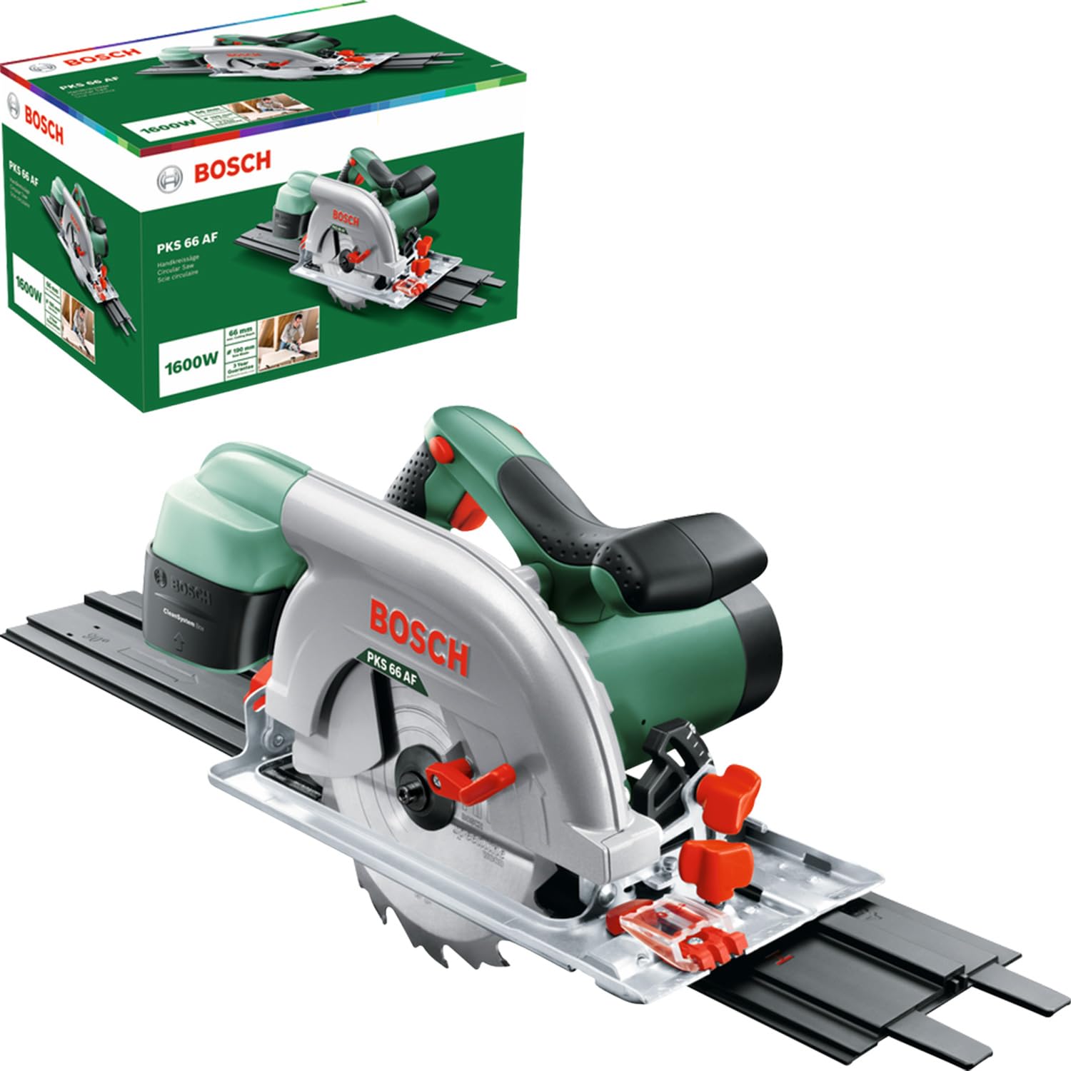 Bosch Kreissäge PKS 66 AF (Präzises Sägen in Holz, 1600 Watt; max. Schnitttiefe 66 mm; 3 tlg. Führungsschienenset)