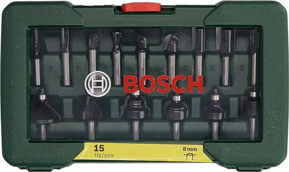 Bosch Accessories 15tlg. Hartmetall Fräser Set (für Holz, Ø-Schaft 8 mm, Zubehör Oberfräse)