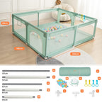 COMOMY Laufstall Baby, 180x200x66cm Laufgitter Baby Große XXL Sicherheitsspielplatz Schutzgitter für Kinder mit Weichem Netz, Rutschfestem Oxford Bottom, Bällen, Mini-Körbchen und 4 Zugringen, Grün