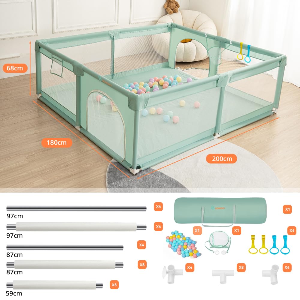 COMOMY Laufstall Baby, 180x200x66cm Laufgitter Baby Große XXL Sicherheitsspielplatz Schutzgitter für Kinder mit Weichem Netz, Rutschfestem Oxford Bottom, Bällen, Mini-Körbchen und 4 Zugringen, Grün
