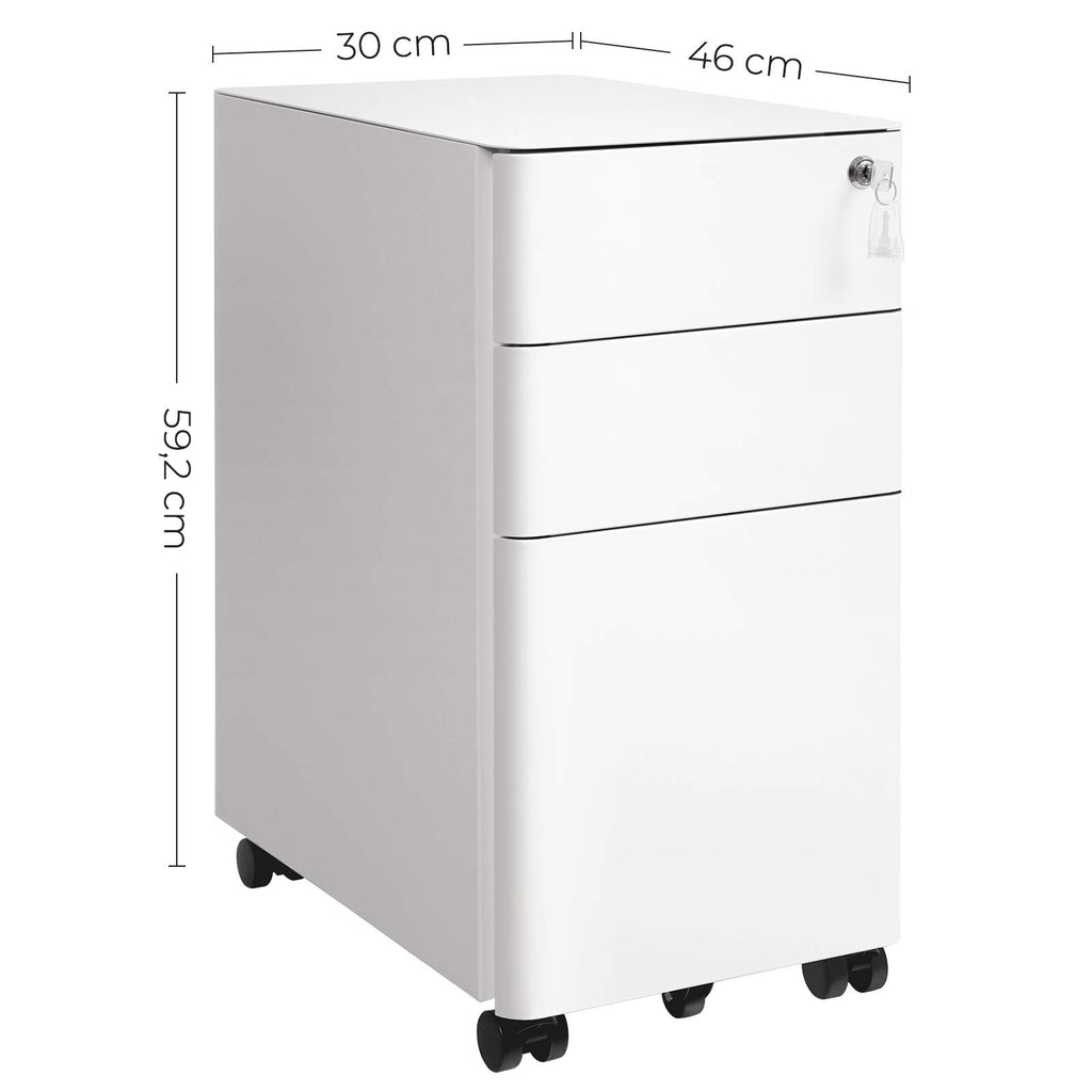 SONGMICS Rollcontainer, Aktenschrank, Büroschrank mit Rollen, Schreibtisch, Unterschrank, abschließbar, Schubladen, Dokumente in DIN-A4-, Legal-, Letter-Format, Hängeregistratur, weiß OFC030W01
