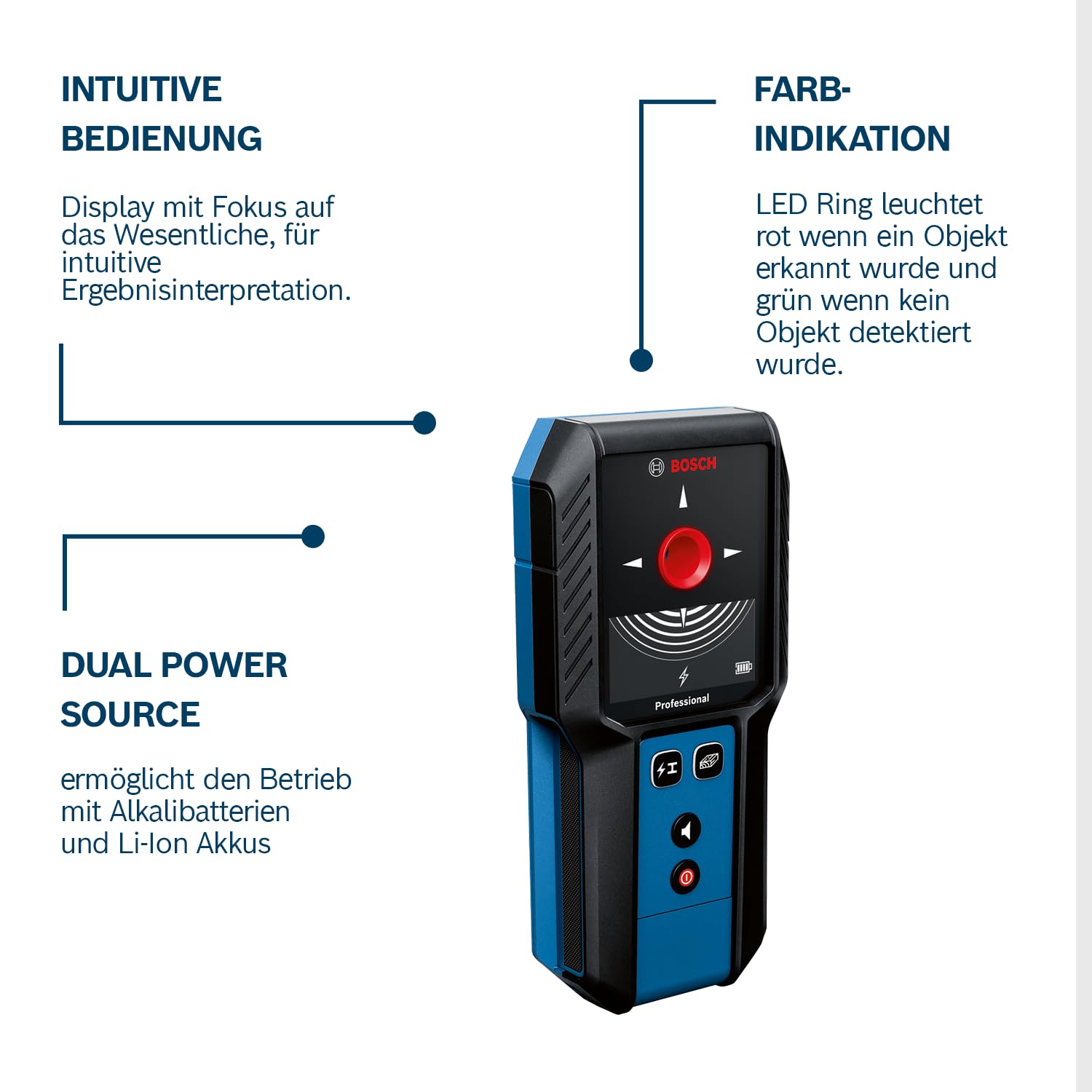 Bosch Professional Ortungsgerät GMS 120-27 (2xAA Batterien, max. Detektionstiefe Nicht-magnetisches Metall/magnetisches Metall/Spannungsführende Leitungen/Holz: 120/100/50/30 mm, Schutztasche)