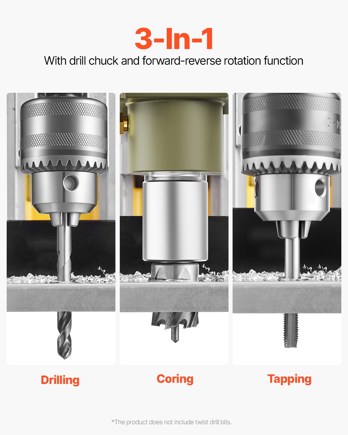 VEVOR Magnetbohrmaschine, 1200-W-Motor, magnetisch, elektrisch, 12500 N, Bohrdurchmesser von 40 mm, mit 2 Bohrspitzen, variable Geschwindigkeit, für Metalloberflächen, Gelb