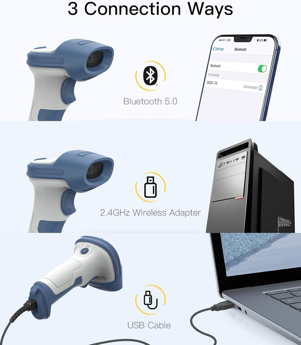 Inateck Wireless Barcode Scanner 2D, Bluetooth 5.0, 2.4Ghz Barcode Reader, QR Code Scanner, liest von Bildschirmen, BCST-73