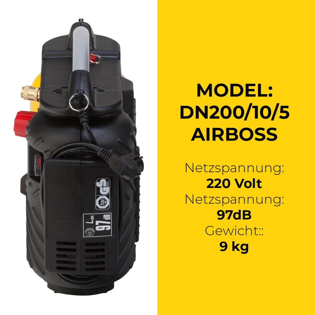 Stanley Kompressor DN200/10/5 - 10 Bar - 5L - 180L/Min - Tragbar für Autozubehör - Mini Kompressor mit Handgriff und Trageriemen - Gelb