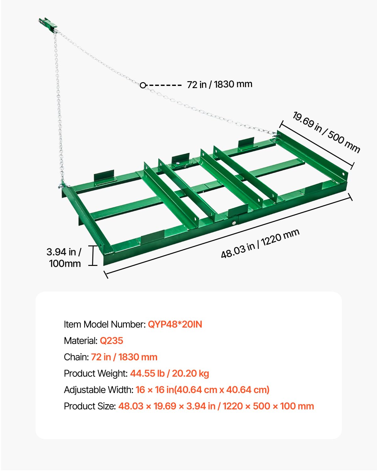 VEVOR Schleppegge, 1220x500x100 mm, Wiesenschleppe mit verstellbaren Stangen & 1830 mm Kette, Wiesenegge für Geländefahrzeuge, UTVs, Traktoren, Rasenmäher, Schleppwerkzeug zum Nivellieren des Rasens