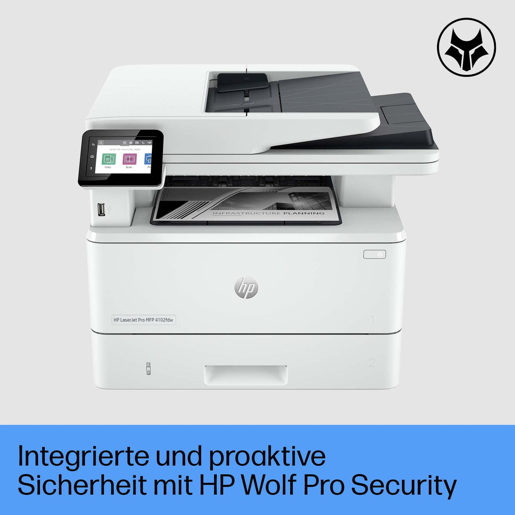 HP LaserJet Pro MFP 4102fdw Multifunktions-Laserdrucker Schwarz-Weiß, WLAN, Fax, Automatischer beidseitiger Druck, Hohe Druckgeschwindigkeit, Wolf Pro Security