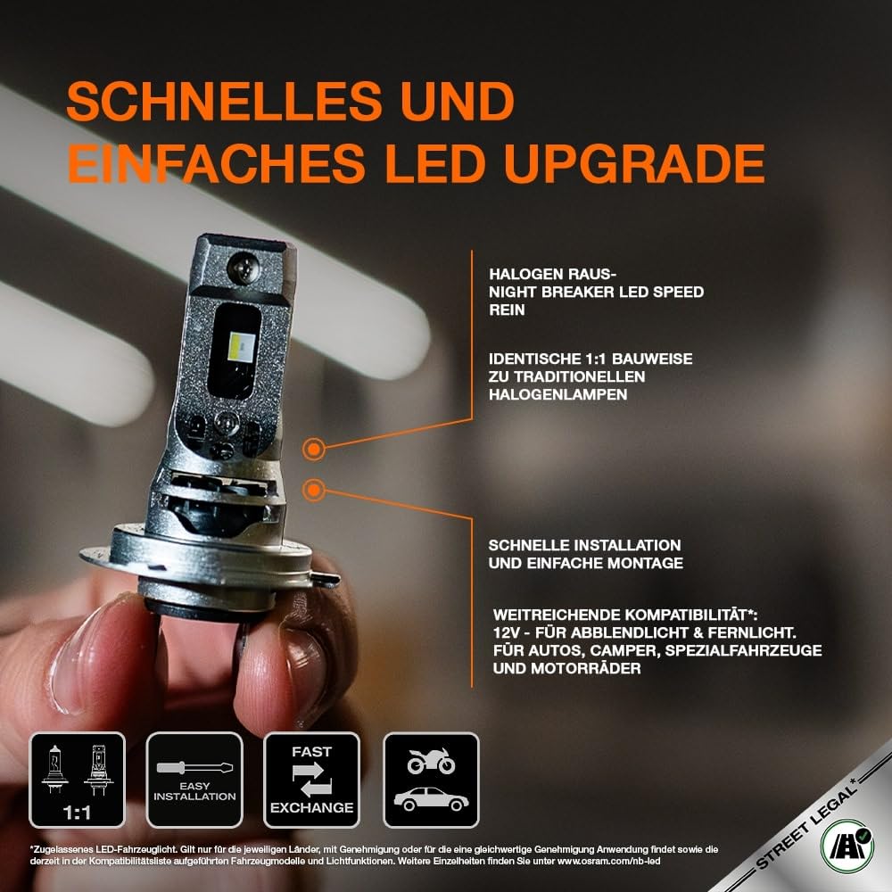 OSRAM Night Breaker LED H7 Straßenzulassung Autofahrerfreundlich Heller Blendungsarm