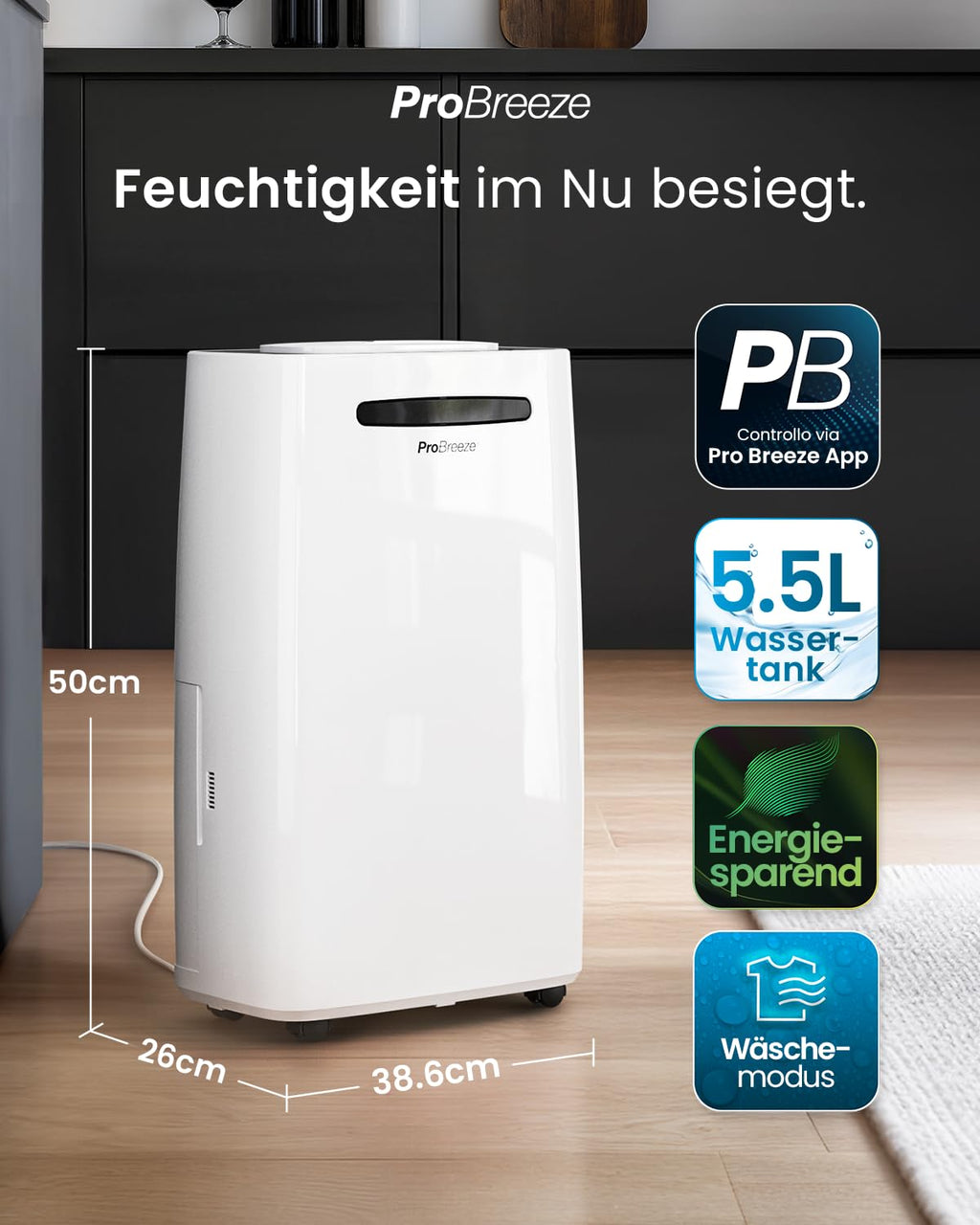 Pro Breeze® 20L/Tag smarter luftentfeuchter elektrisch mit digitalem Feuchtigkeitsanzeiger Schlafmodus Dauerbetrieb Wäschetrocknung und 24h-Timer – Ideal gegen Feuchtigkeit und Kondensation