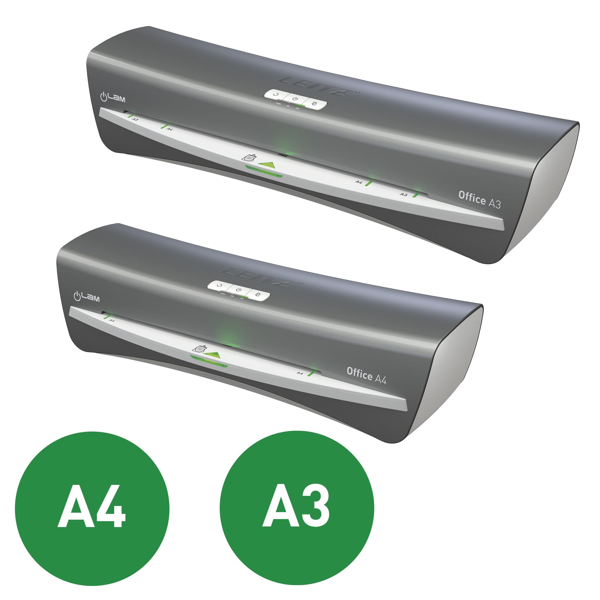 Leitz iLAM Office A3 Laminiergerät, ultraschnelle Aufwärmzeit von 1 Min, für 75-125 mic Folien, Eingabehilfen-LEDs & LED-Status, Anti-Stau, Auto-Abschaltung, inkl 5 Laminierfolien, Grau/Weiß, 72530084