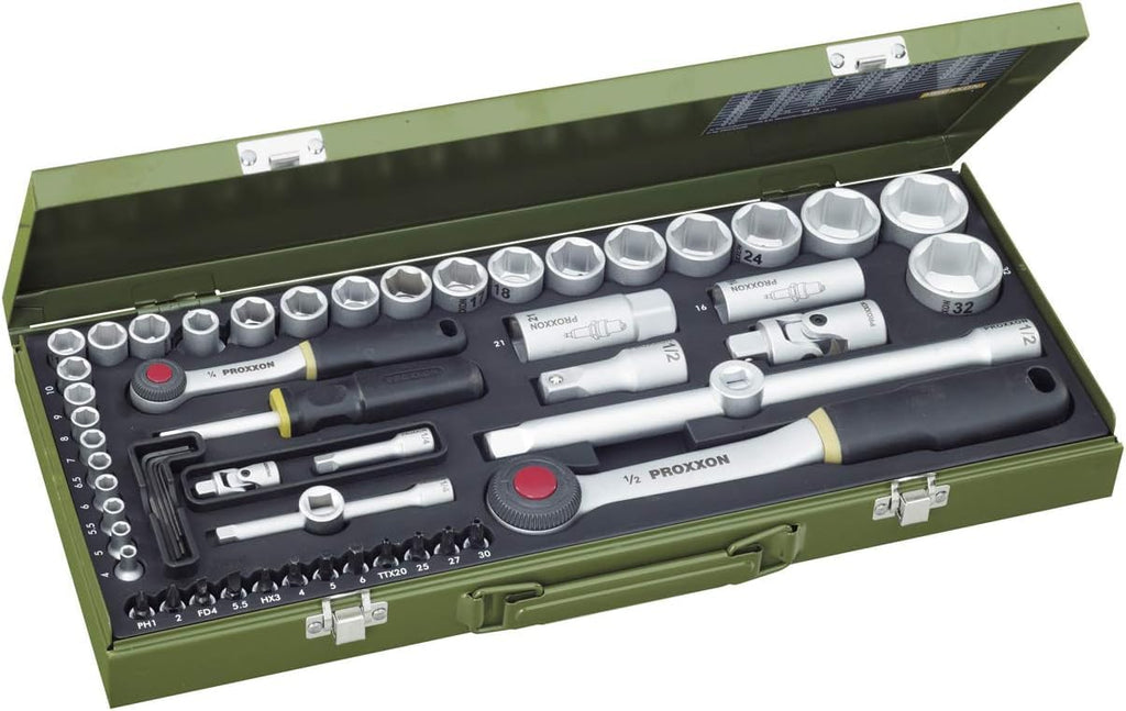 PROXXON Steckschlüsselsatz, Komplettkasten mit 1/4"-und 1/2"-Umschaltratsche sowie Schraubendrehergriff, 56-teiliges Werkzeug-Set mit Stahlkasten, 23040, 450 x 200 x 55 mm