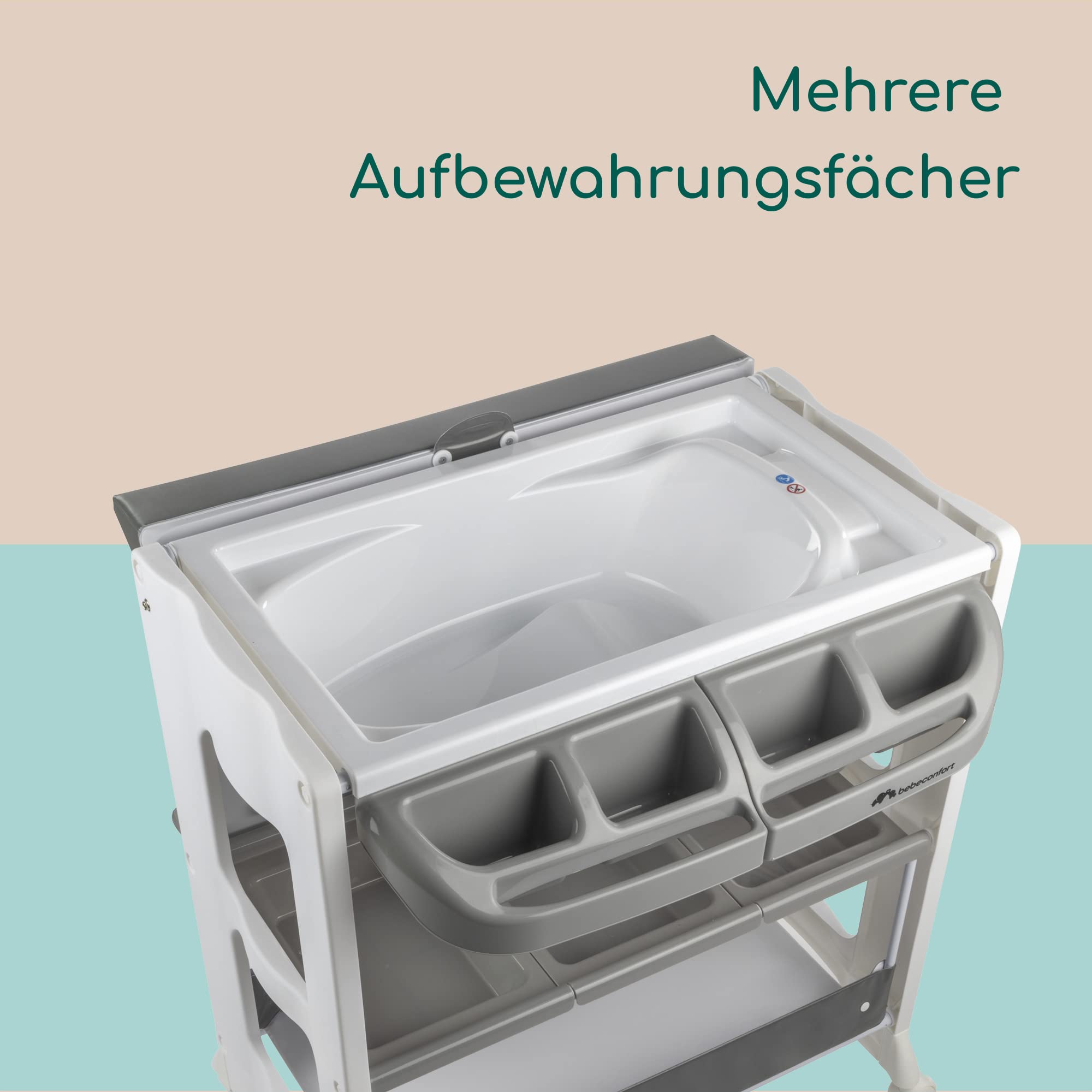 Bebeconfort Dolphy, 2-in-1 Baby Badewanne & Wickelkommode, 0 –12 Monate (max. 11 kg), Einfach Bewegbar Dank 4 Rollen, Aufbewahrungsfächer, Gepolsterte Wickelauflage, Einfache Wannenleerung, Grey Mist