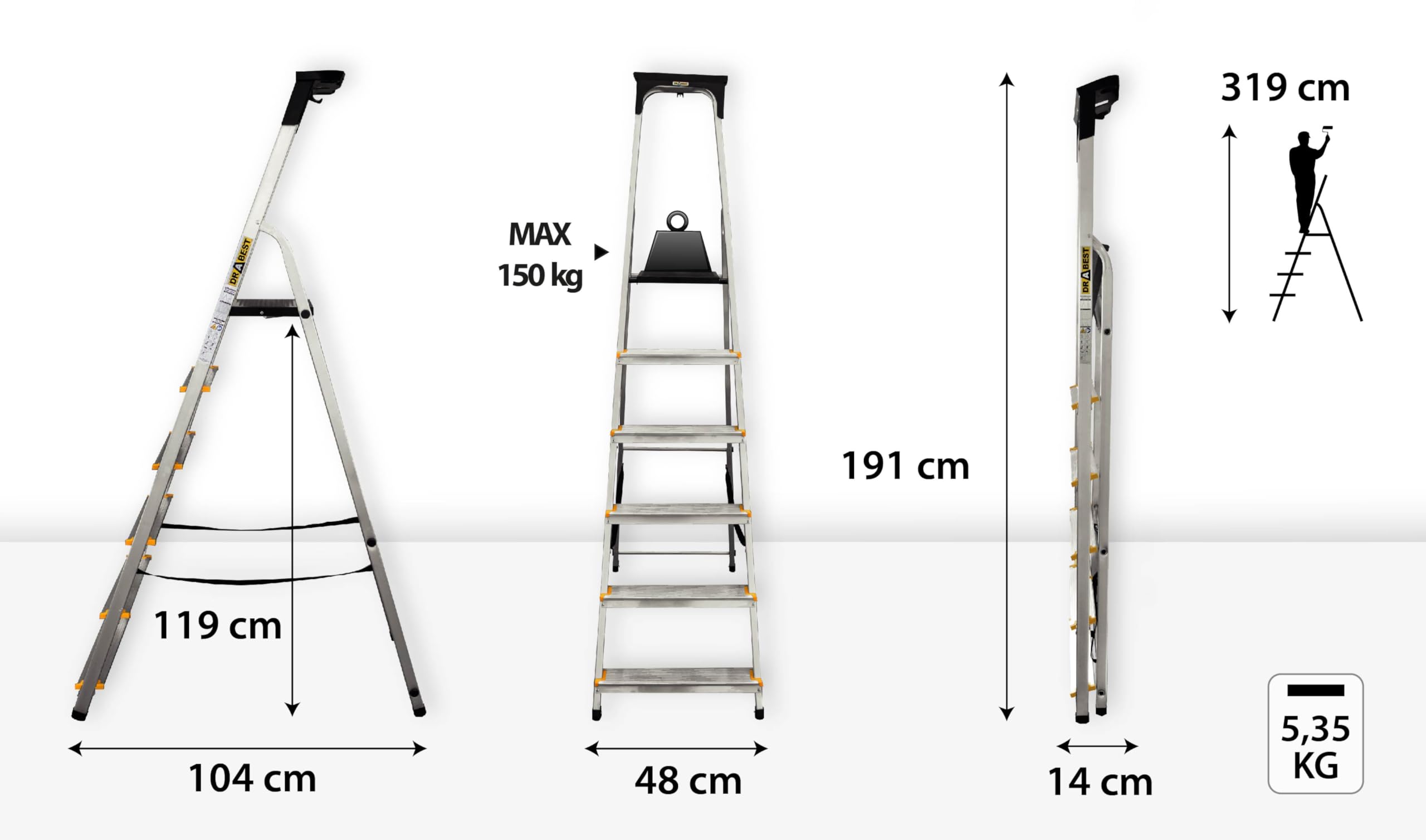 DRABEST Leiter PRO Serie Alu Leiter 6 Stufen Trittleiter Klappbar Stehleiter Haushaltsleiter mit Ablage Belastbar bis 150 kg Mehrzweckleiter