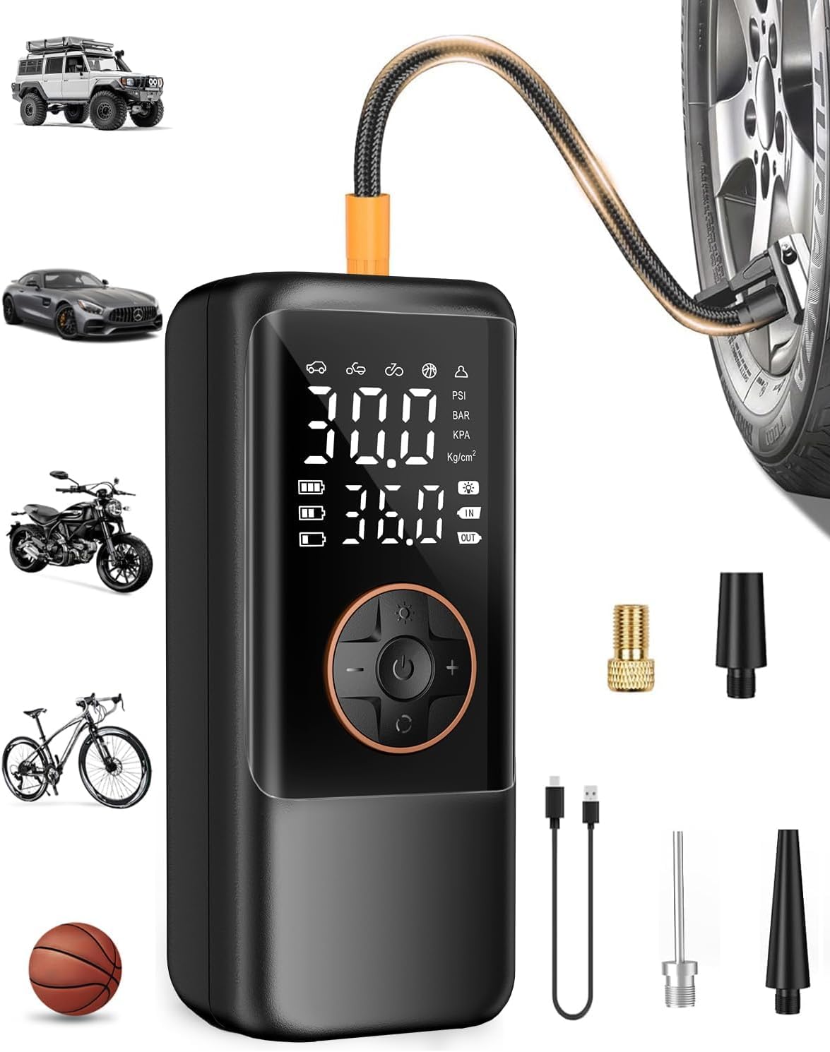 Elektrische Luftpump mit Akku, 150 PSI Luftpumpe für Fahrradpumpe, Tragbar Mini Kompressor mit Manometer & Doppelt-LED-Anzeige, 12V DC Elektrische Autoreifen für Autos, Motorräder, Fahrräder und Bälle