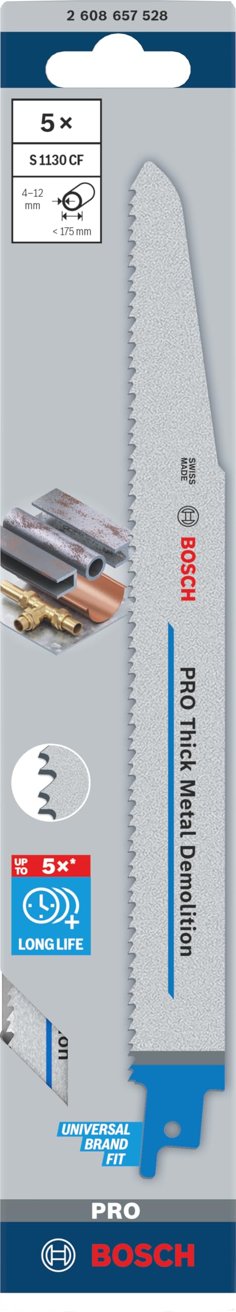 Bosch 5x PRO Thick Metal S1130CF Demolition Säbelsägeblatt (für Rohre und Profile aus Metall, Nichteisenmetalle, Länge 225 mm, Professional Zubehör Säbelsäge)