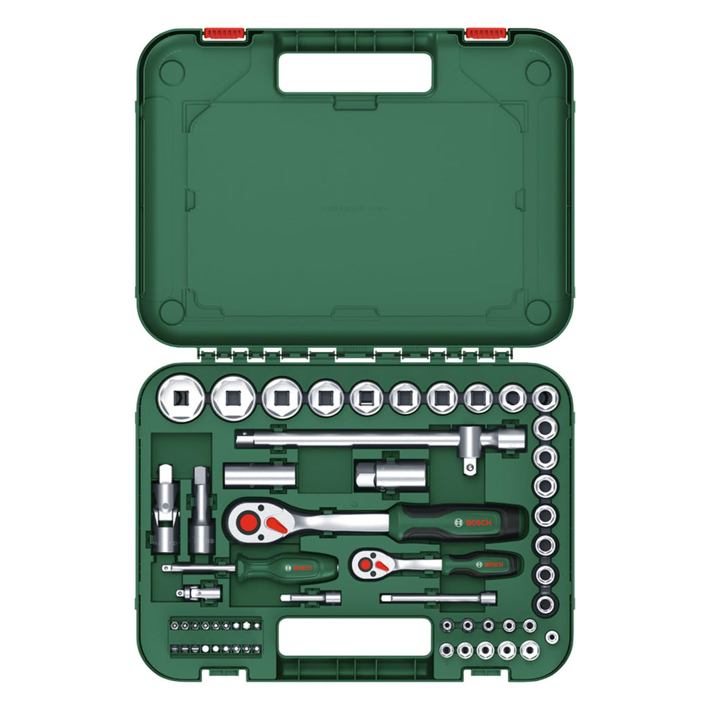 Bosch Ratschen Set 1/4" + 1/2", 57-teilig (Zwei robuste Ratschen; 55 Zubehöre; Hohes Drehmoment; Verriegelungsknopf; Intuitiver Richtungswechsel; Gebogener Hals; Ergonomischer Softgrip; Tragekoffer)