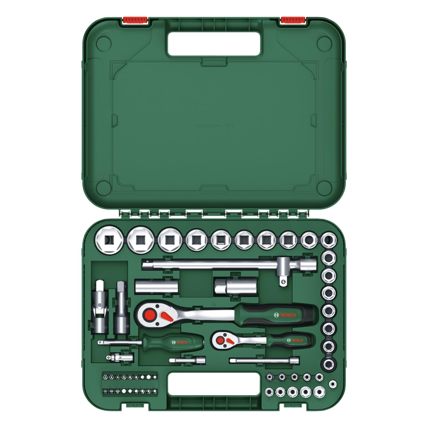 Bosch Ratschen Set 1/4" + 1/2", 57-teilig (Zwei robuste Ratschen; 55 Zubehöre; Hohes Drehmoment; Verriegelungsknopf; Intuitiver Richtungswechsel; Gebogener Hals; Ergonomischer Softgrip; Tragekoffer)