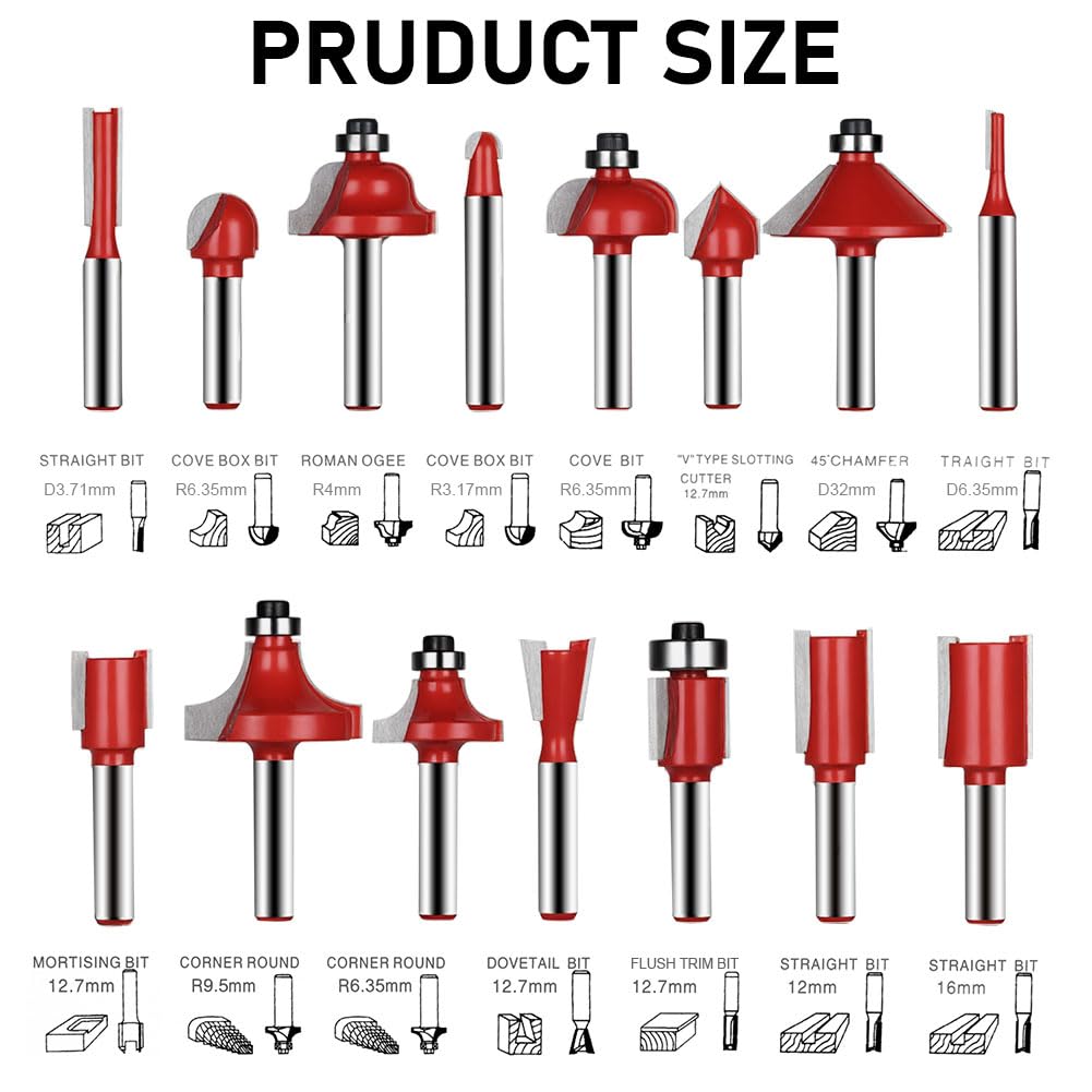 flintronic Fräser-Set, 8MM Fräsen Werkzeug Set, 15-TLG Holzkoffer Geschmiedeter Werkzeugstahl Oberfräser, Bündigfräser, Holzschneider mit Kunststoff-Box, Bodenreinigung für Holzbearbeitung
