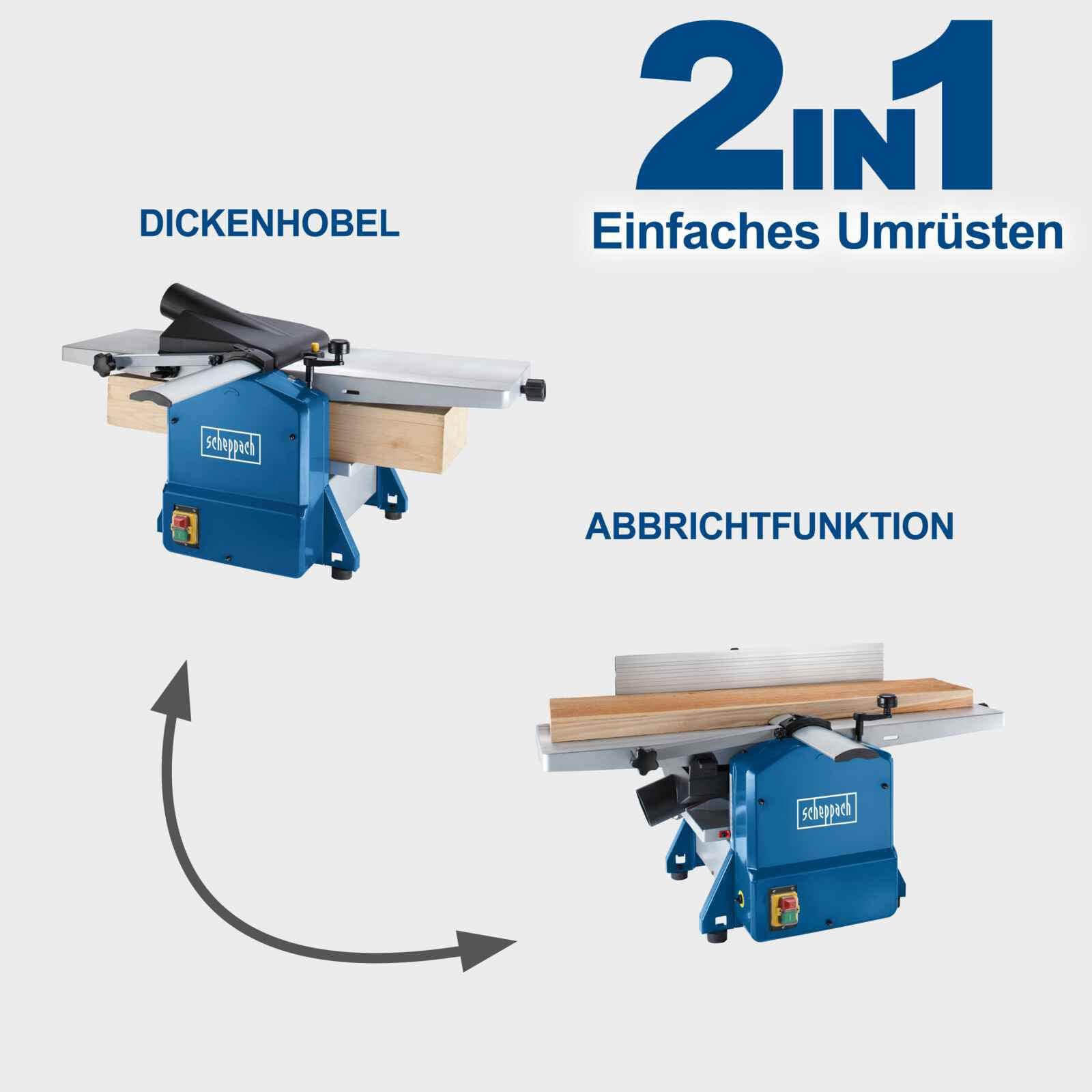 Scheppach Abricht- und Dickenhobelmaschine HMS1080 | 230V 1500 Watt | 2 HS-Hobelmesser | Hobelbreite 254 mm | Durchlasshöhe: 120mm | Messerdrehzahl 8500 min-1 | Spanabnahme max. 2mm