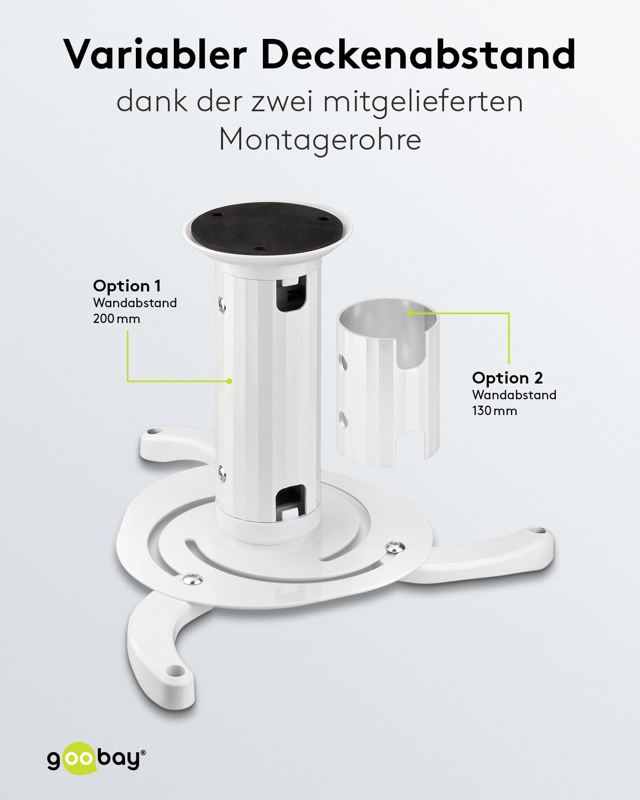 Goobay BeamerFlex Projektor-Deckenhalterung – für kleine bis mittlere Größen (bis zu 10 kg) – beweglich um 15° neigbar und 360° schwenkbar – Höhenverstellung – einfache Installation – Weiß 51896