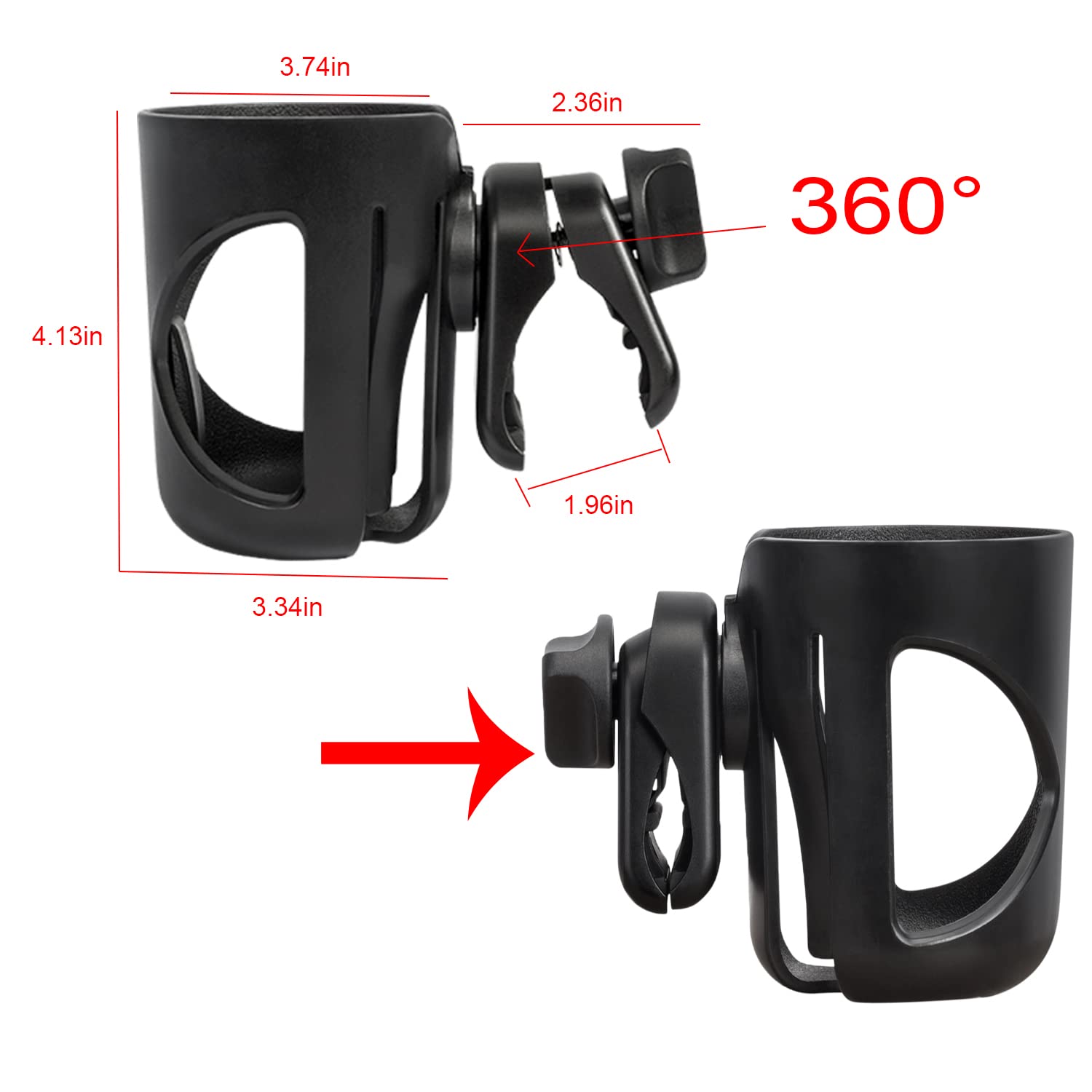 360 Grad drehbarer Getränkehalter für Kinderwagen & Fahrrad - Großer Durchmesser, entwickelt für Gehhilfe, Rollstuhl, Roller (Schwarz)