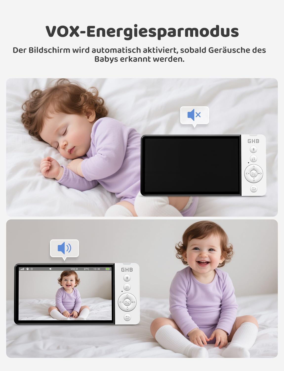 GHB Babyphone mit Kamera 5 Zoll HD IPS Bildschirm 720P 5000 mAh VOX-Energiesparmodus 4-Fach-Zoom Nachtsicht Zwei-Wege-Audio Temperatursensor