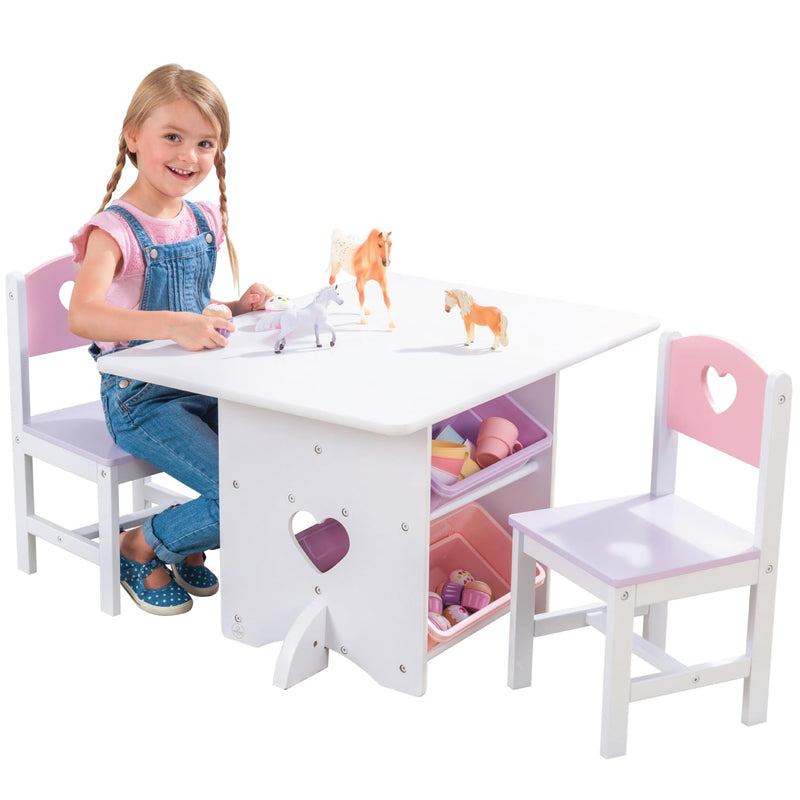 KidKraft Herz Kindertisch mit Stauraum und 2 Stühlen aus Holz - Kindersitzgruppe mit Aufbewahrungsbox, Kinder Tisch Stuhl Set, Kinderzimmer Möbel, 26913