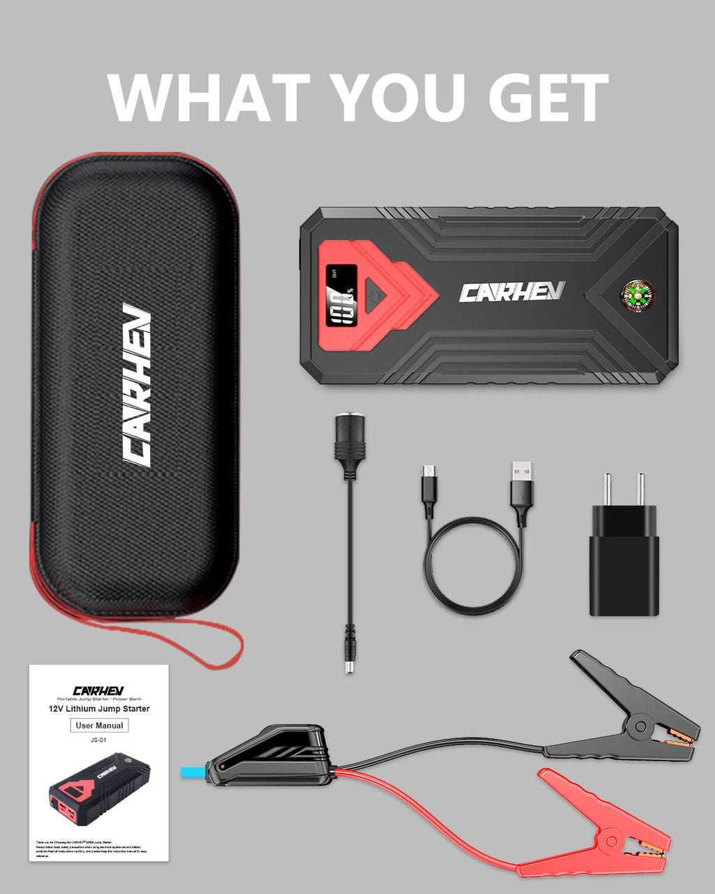 CARHEV Starthilfe Powerbank für pkw, 3000A Spitzenstrom Auto Starthilfe Powerbank mit LCD Display für bis zu 8L Benzin und 8L Dieselmotor, 12V Jump Starter mit USB Schnellladung und LED Taschenlampe