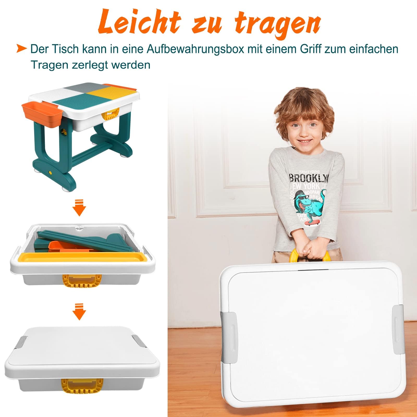 LZQ 5-in-1 Kindertisch mit Stühle Set Kinder Tisch Stuhl Spieltisch mit Bausteine und 2 Stühle Doppelseitiger Tischplatte Multifunktionaler Aktivitätstisch mit Stauraum für Lernen Lernspiele