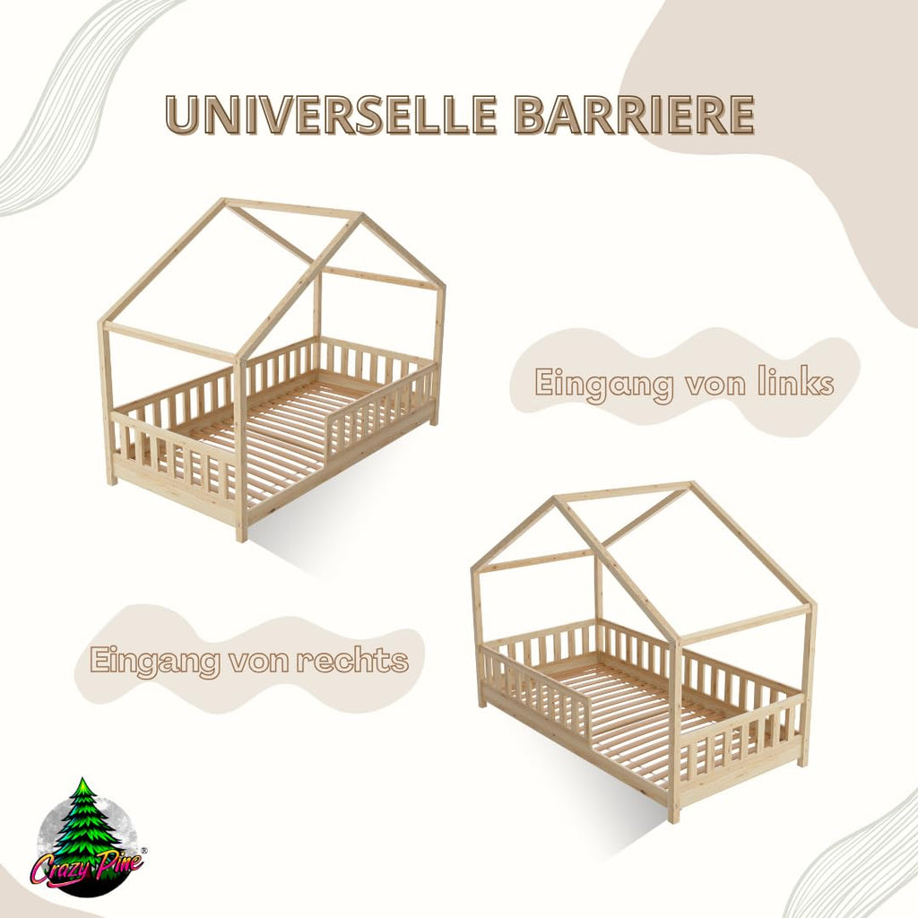 Crazy Pine Hausbett 140x200 cm – Kinderbett aus Naturholz mit Rausfallschutz – Montessori Bodenbett mit Höhenverstellbaren Beinen und Abnehmbarer Barriere - Crazy House