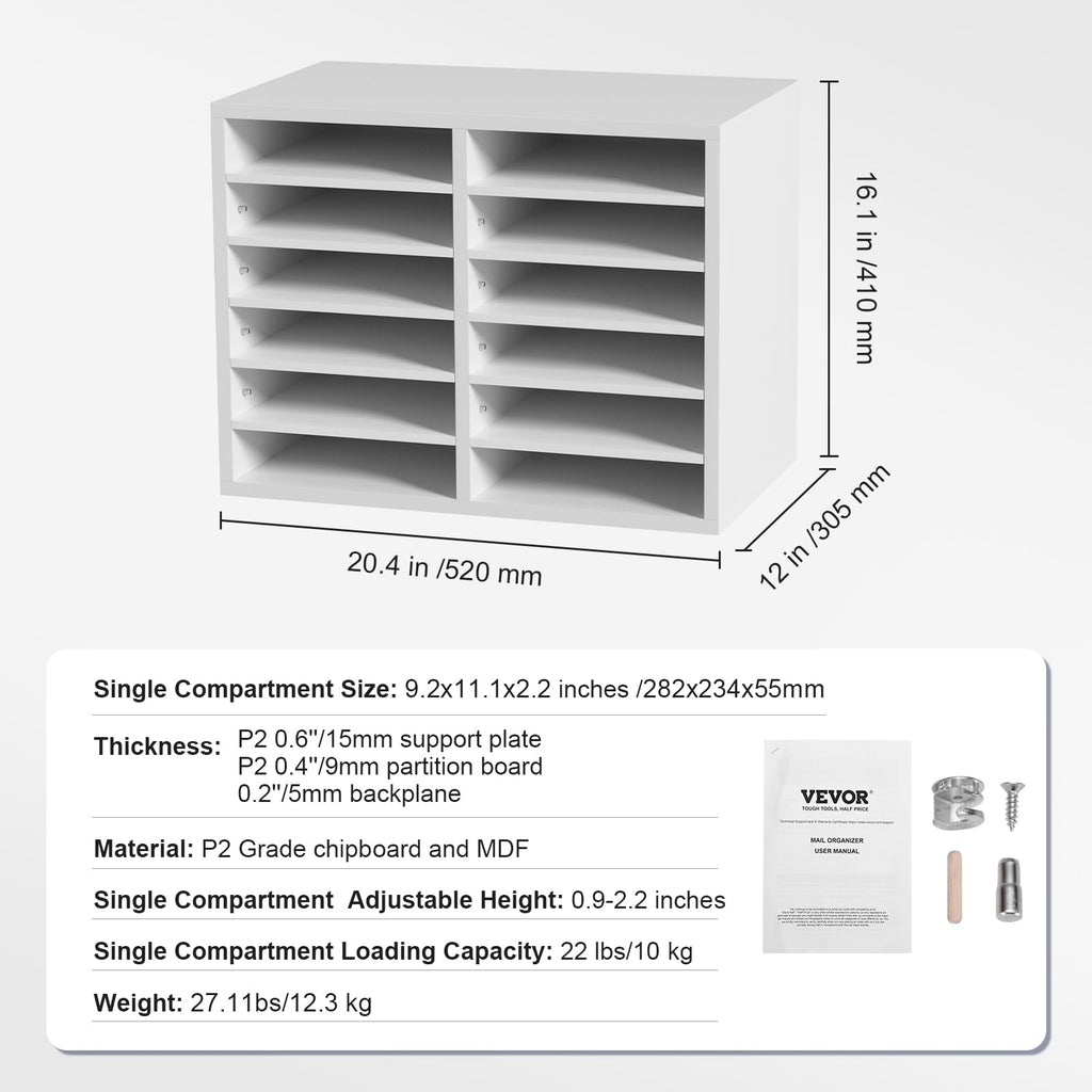 VEVOR Briefablage Schreibtisch Organizer 520 x 305 x 410 mm, 2,3–5,6 cm Einstellbar A4 Stapelbar, Papierablage, Aufbewahrung Schreibtisch Ablagesystem Organisation, Ablage (Weiß, 2 x 6 Fächer)