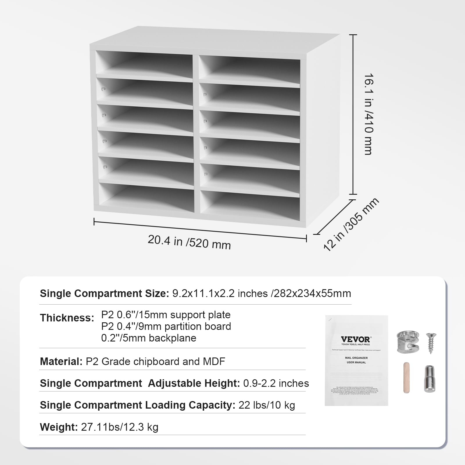 VEVOR Briefablage Schreibtisch Organizer 520 x 305 x 410 mm, 2,3–5,6 cm Einstellbar A4 Stapelbar, Papierablage, Aufbewahrung Schreibtisch Ablagesystem Organisation, Ablage (Weiß, 2 x 6 Fächer)