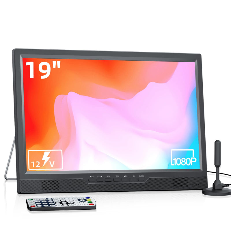 DESOBRY 19-Zoll Fernseher 1080P mit Antenne, Kleiner Fernseher mit HDMI/AVEingang USB-Anschluss, Tragbare MINI TV für Küche, Schlafzimmer, Camping und Wohnmobil (ohne Batterie)