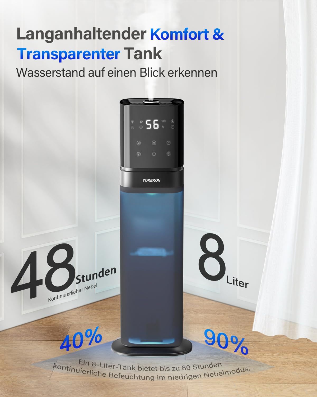 YOKEKON Luftbefeuchter, Luftbefeuchter Schlafzimmer, Kalt Nebel Befeuchter für große Räume, humidifier, 8L Ultraschall befeuchter für das Haus, Top Füllen, Erweitertes Tube, Stille Pflanze Büro, blau