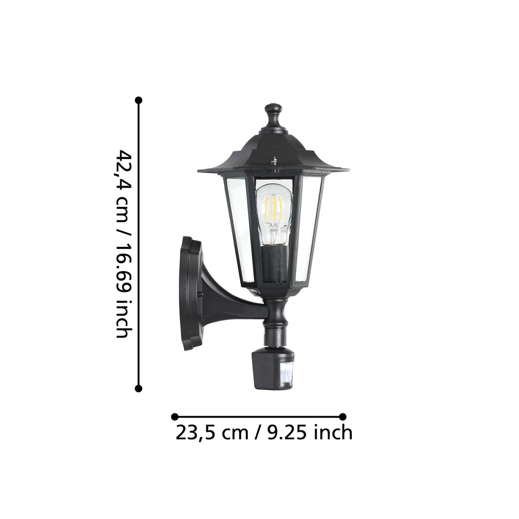 EGLO Außen-Wandlampe Laterna 4, 1 flammige Außenleuchte inkl. Bewegungsmelder, Sensor-Wandleuchte aus Aluguss und Glas, Farbe: Schwarz, Fassung: E27, IP44