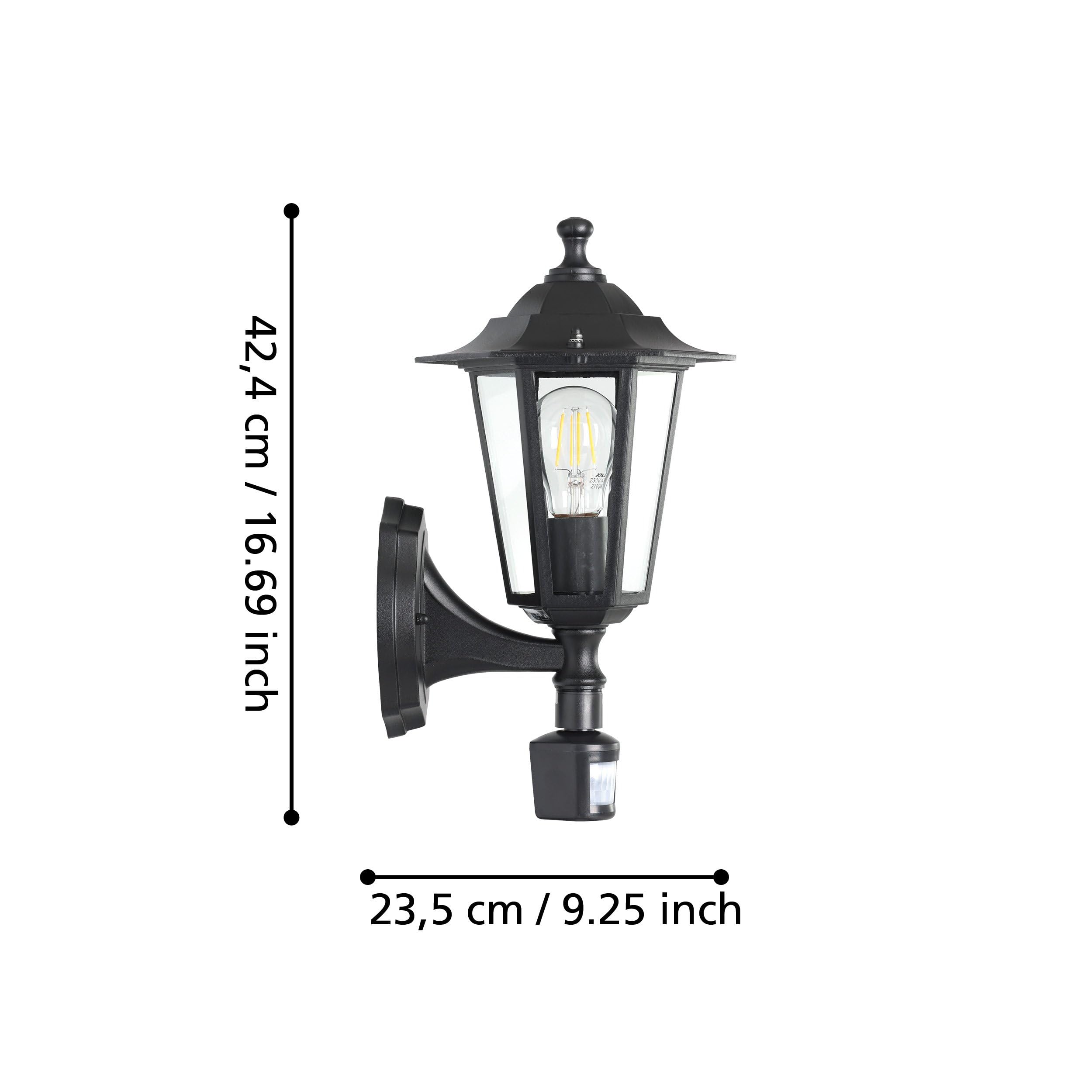 EGLO Außen-Wandlampe Laterna 4, 1 flammige Außenleuchte inkl. Bewegungsmelder, Sensor-Wandleuchte aus Aluguss und Glas, Farbe: Schwarz, Fassung: E27, IP44
