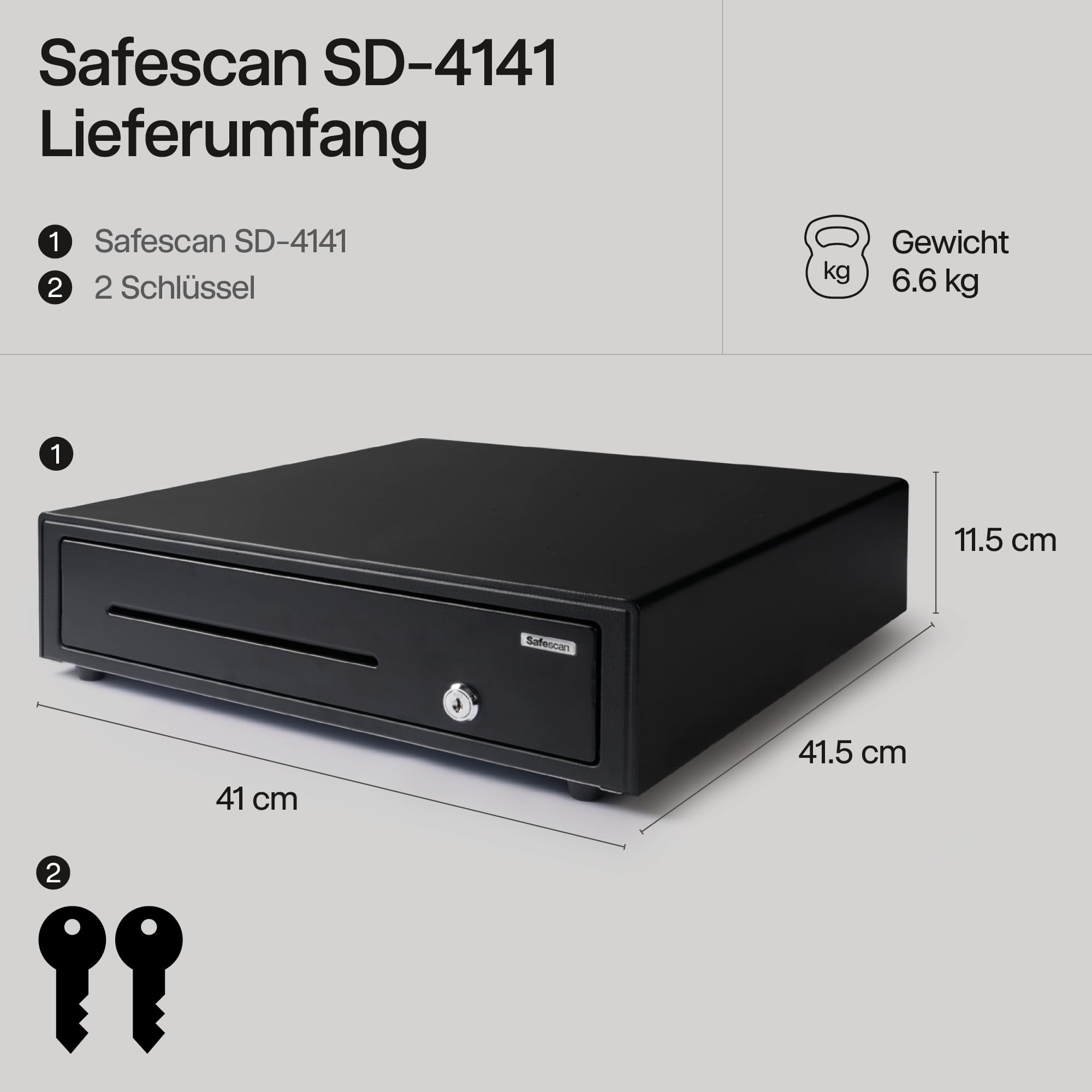 Safescan SD-4141 Standard-Duty Kassenschublade mit 4 Fächern für Banknoten und 8 für Münzen - Kassenlade mit RJ-12 Anschluss (z.B. Registrierkasse) - Solide Kassenschublade von 41,5 x 41,5 x 11,5 cm