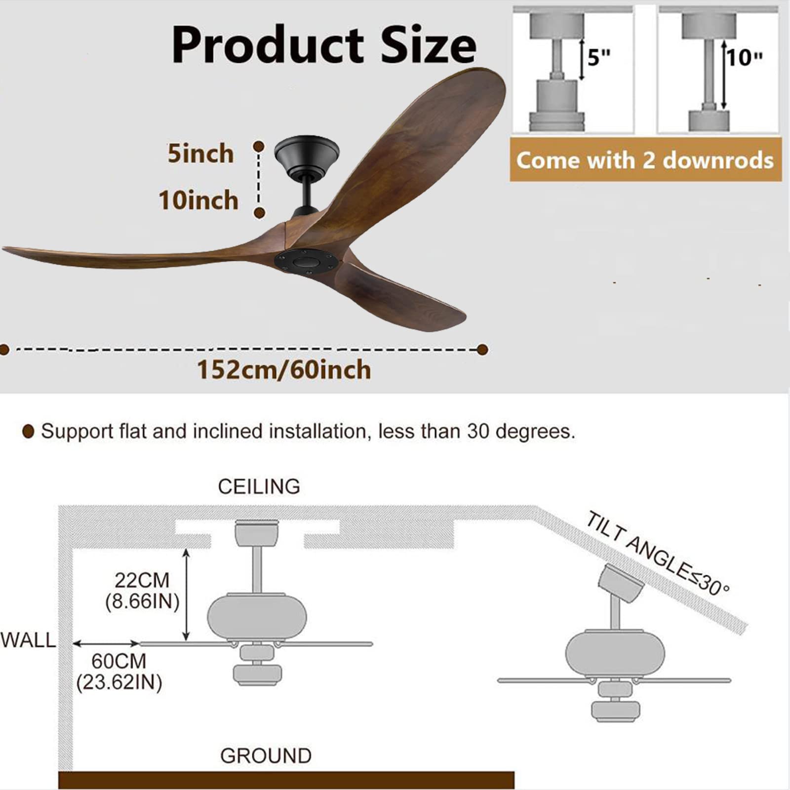 XSGDMN Deckenventilator, holz deckenventilator ohne beleuchtung, Deckenventilator mit Fernbedienung und leise Es kann in feuchter Umgebung verwendet werden (152cm/60'' Braun Deckenventilator)