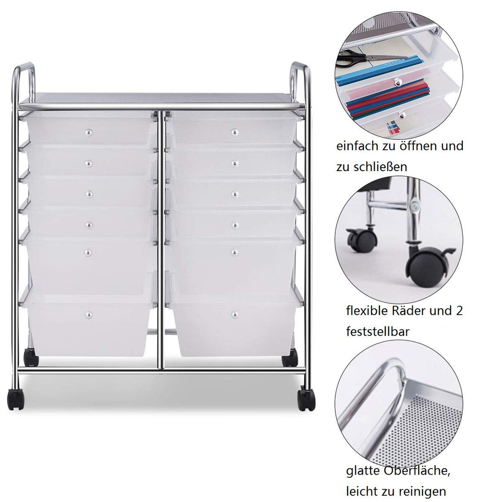 COSTWAY Rollwagen mit 12 stapelbaren Schubladen, Schubladenwagen Rollcontainer mit Metallgestell und Ablagefläche, Badrollwagen Aufbewahrungswagen für Büro, Wohnzimmer (Transparent)
