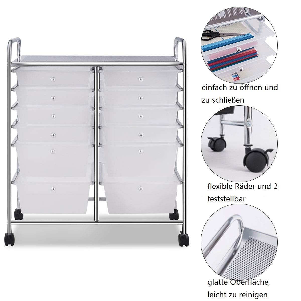 COSTWAY Rollwagen mit 12 stapelbaren Schubladen, Schubladenwagen Rollcontainer mit Metallgestell und Ablagefläche, Badrollwagen Aufbewahrungswagen für Büro, Wohnzimmer (Transparent)
