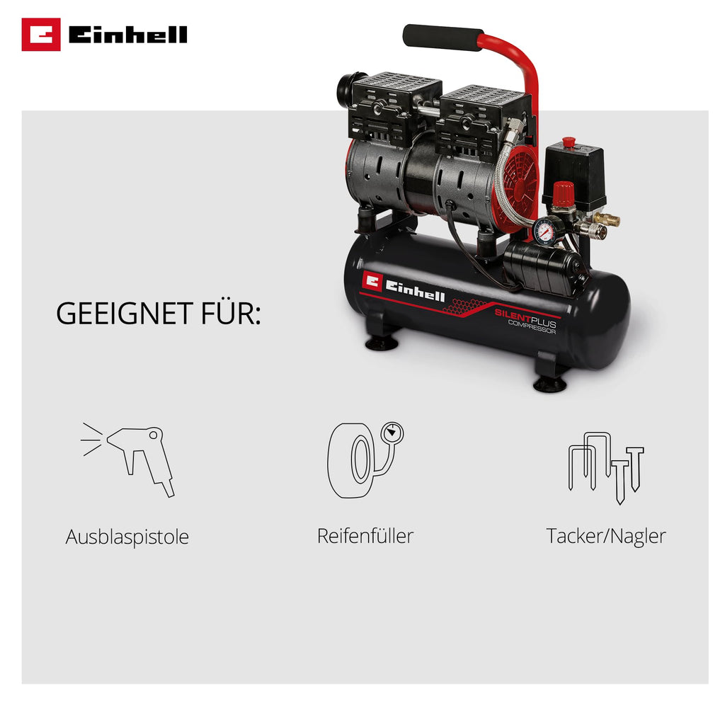 Einhell Kompressor TE-AC 110/6 Silent Plus (550 W., max. 8 bar, 6 l-Tank, 110 l/min Ansaugleistung, Motordrehzahl 1450 min^-1, Manometer, Schnellkupplung, ölfrei)