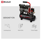 Einhell Kompressor TE-AC 110/6 Silent Plus (550 W., max. 8 bar, 6 l-Tank, 110 l/min Ansaugleistung, Motordrehzahl 1450 min^-1, Manometer, Schnellkupplung, ölfrei)