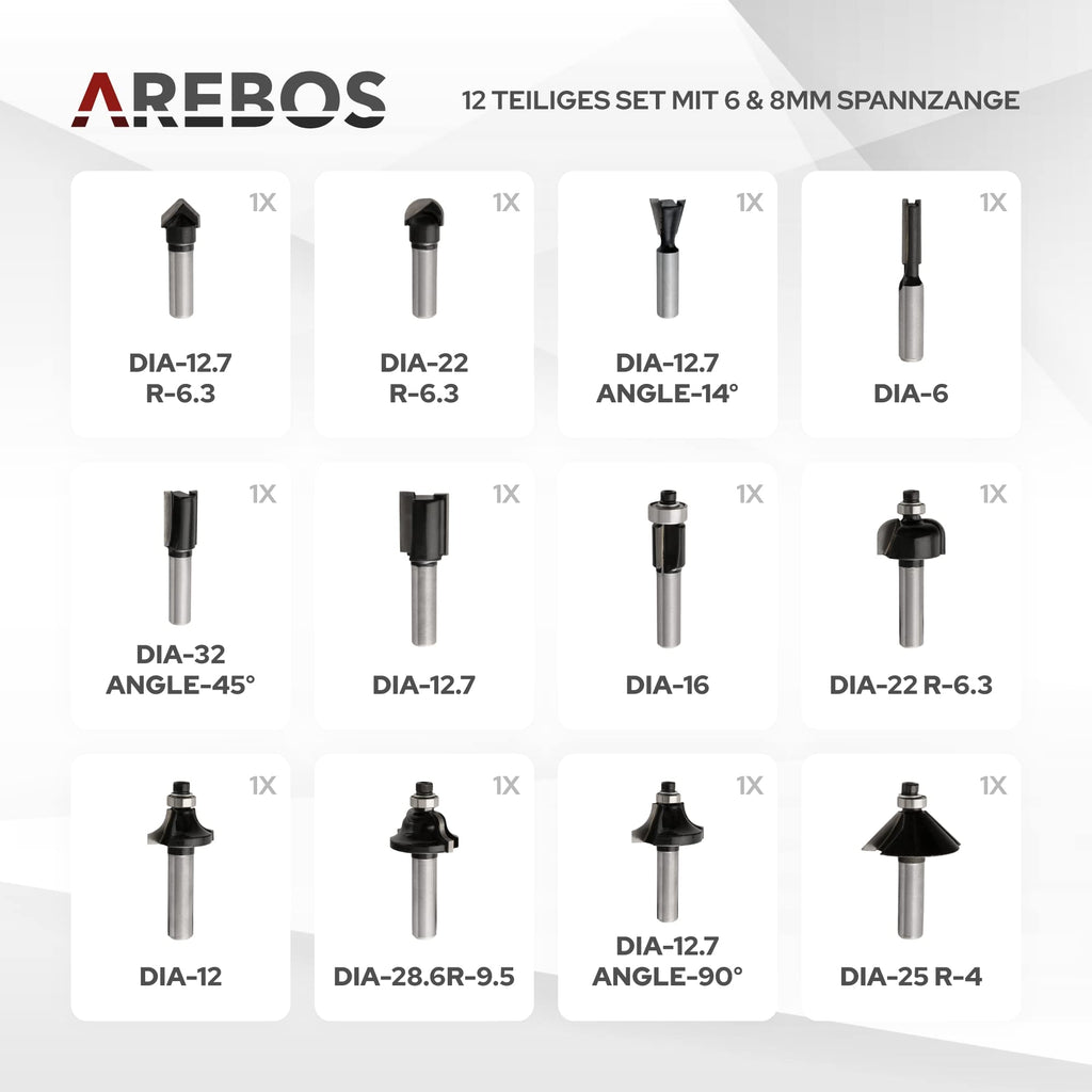 Arebos Oberfräse mit Koffer (1200 W, Ø 6 und 8 mm, Drehzahlregelung, Parallelanschlag, Reduzierstück, Kopierhülse, Absaugadapter, inkl. Zubehör) inkl. Fräser Set 12-teilig