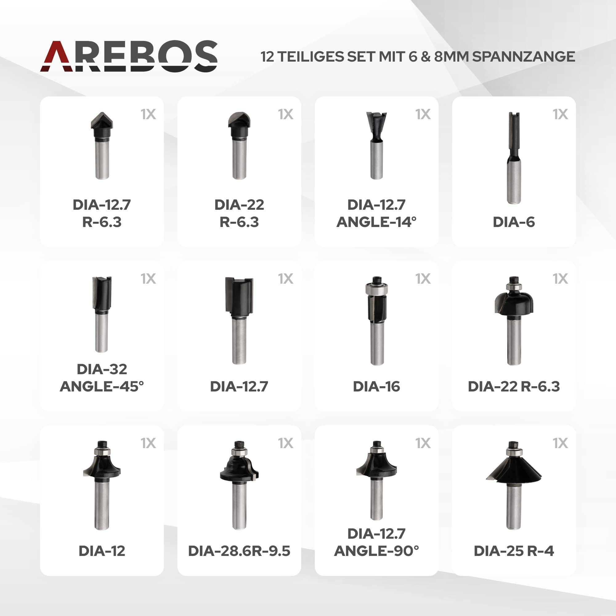 Arebos Oberfräse mit Koffer (1200 W, Ø 6 und 8 mm, Drehzahlregelung, Parallelanschlag, Reduzierstück, Kopierhülse, Absaugadapter, inkl. Zubehör) inkl. Fräser Set 12-teilig