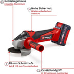 Einhell Akku-Winkelschleifer TC-AG 18/115 Li (1x4,0Ah) (18 V, 115 mm Scheiben-Ø, 28 mm Schnitttiefe, Softstart, Zusatzhandgriff, inkl. 1x 4,0 Ah Akku & Ladegerät)