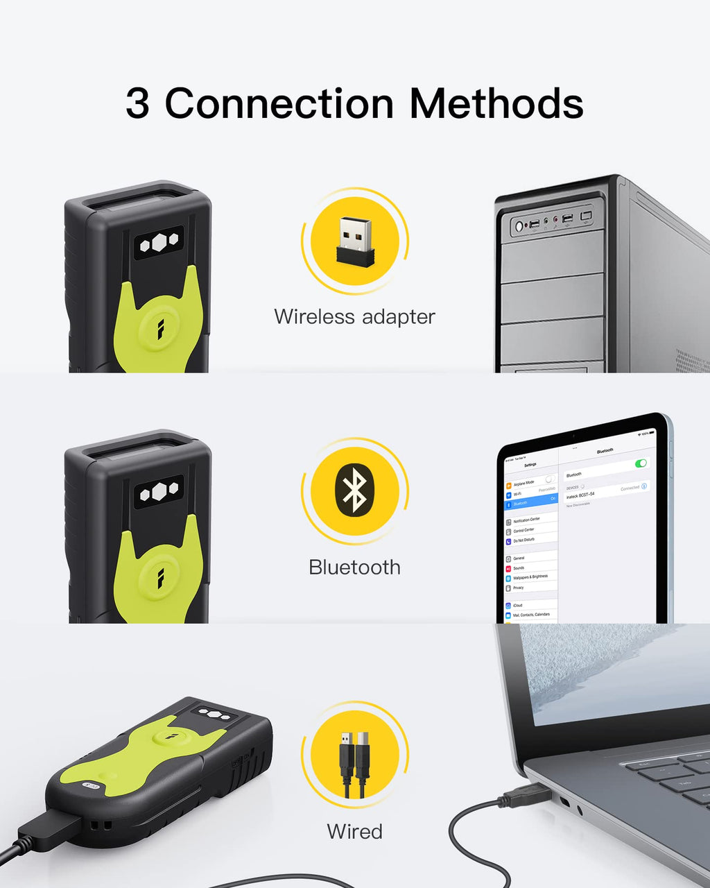 Inateck Barcode Scanner Bluetooth 2D mit 2,4Ghz USB Adapter, liest Barcodes von Bildschirmen, Exklusive Schnelltasten, BCST-42